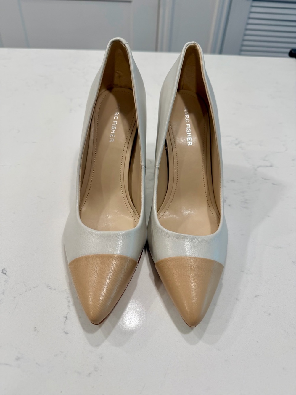Marc Fisher Velda White and Tan Pointed-Toe Women’s Pumps